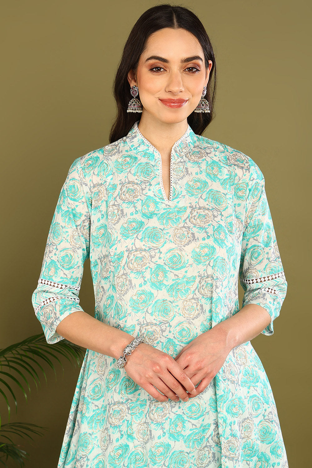 Green-Cotton-Printed-A-Line-Sanganeri-Kurta