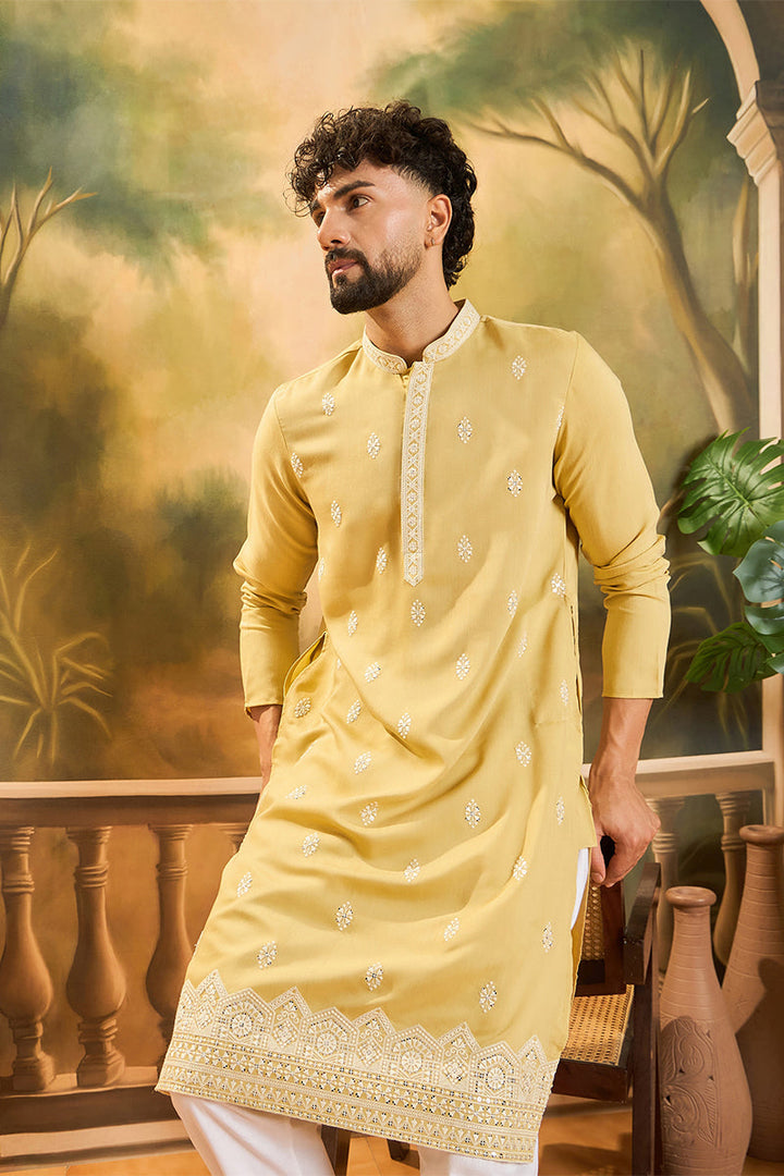 Mens Yellow Silk Solid Embroidered Straight Kurta
