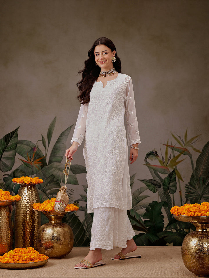 White Georgette Lucknowi Chikankari Kurta Only