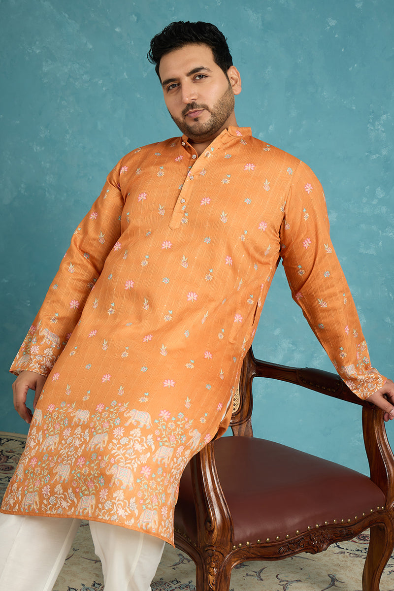 Mens Orange Silk Blend Floral Sequins Printed Kurta
