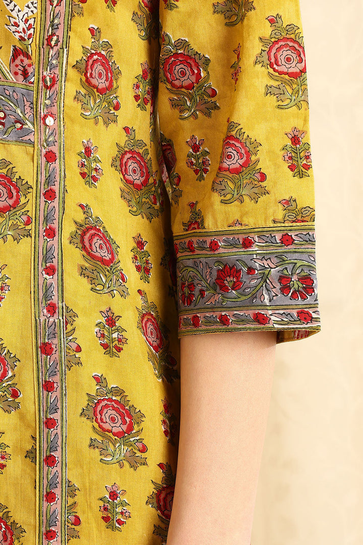 Mustard-Yellow-Cotton-Printed-Straight-Sanganeri-Kurta