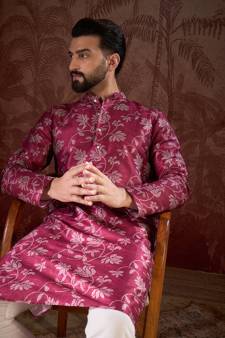 Mens Red Silk Blend Floral Printed Straight Kurta