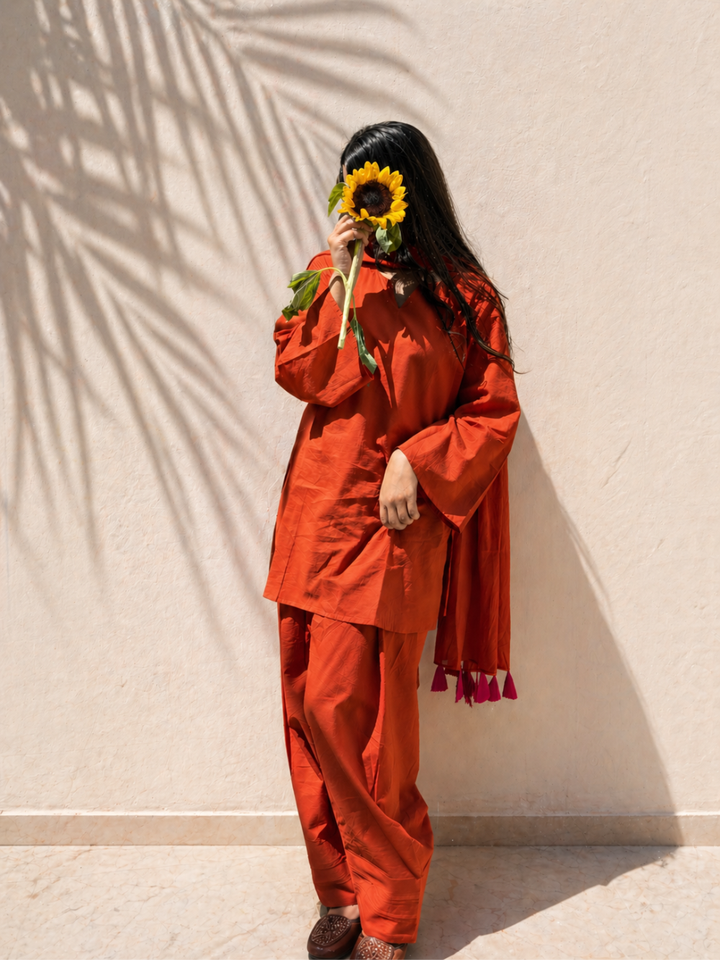 Orange Short Kurta &amp; Farshi Shalwar Set
