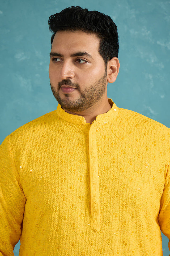 Mens Mustard Viscose Rayon Solid Chikankari Embroidered Kurta