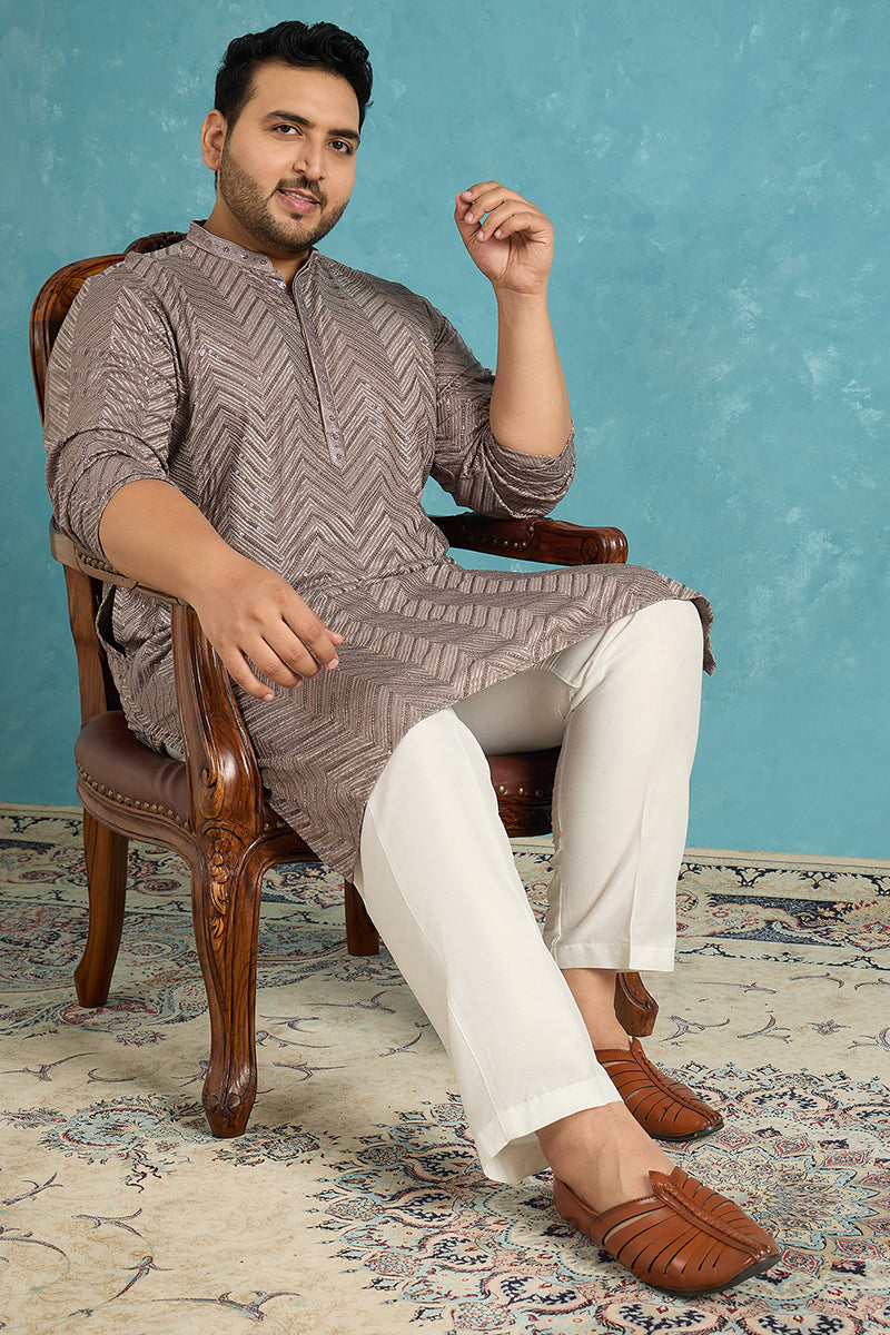 Mens Grey Viscose Rayon Solid Thread Work Embroidered Kurta