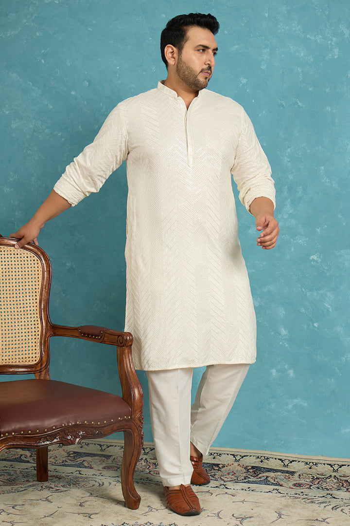 Mens Off White Viscose Rayon Solid Sequins Embroidered Kurta
