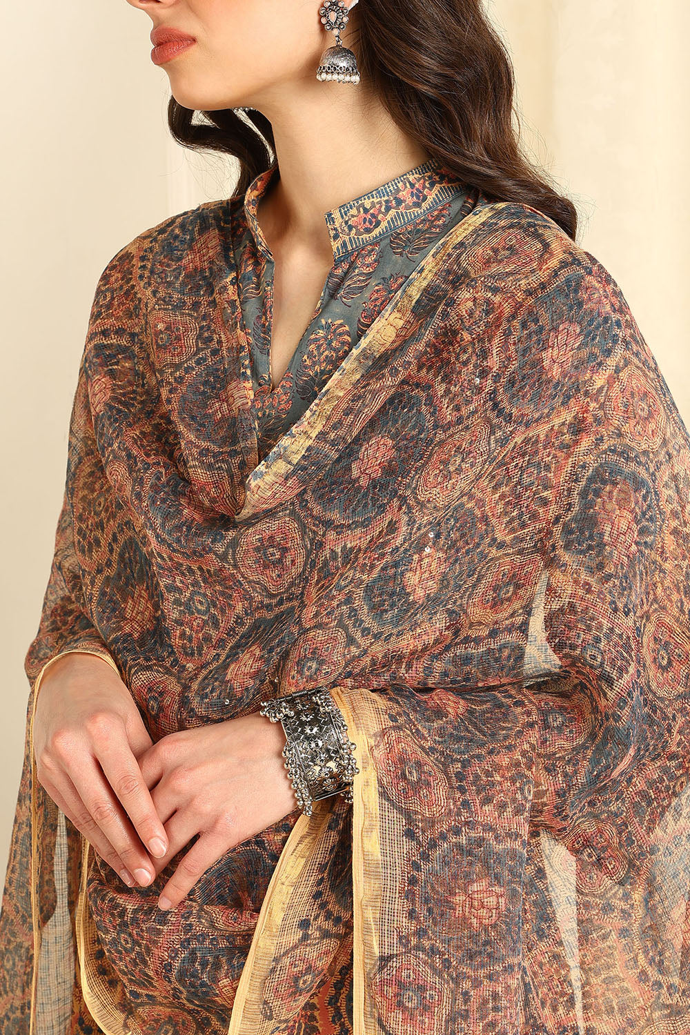 Powder-Blue-&-Beige-Kota-Doria-Printed-Dupatta