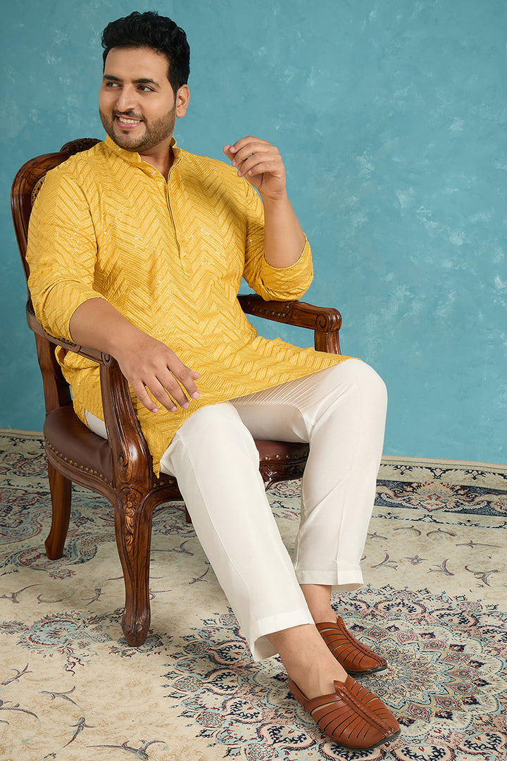 Mens Yellow Viscose Rayon Solid Thread Work Embroidered Kurta