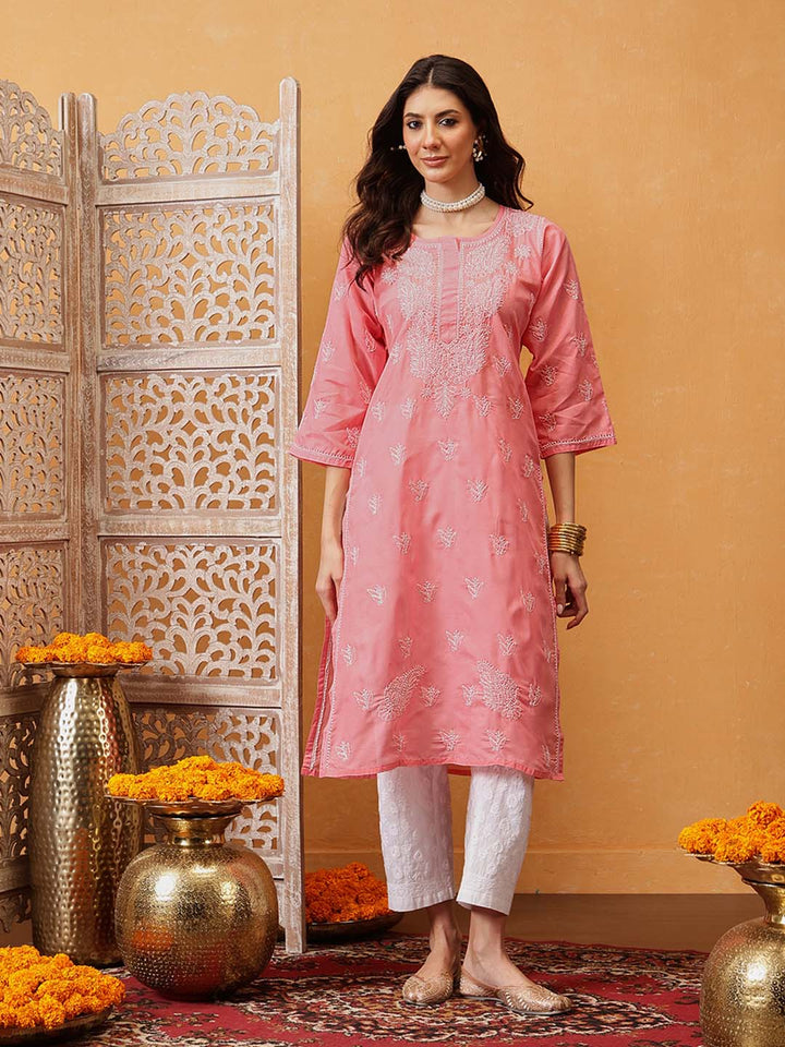 Hand Embroidered Peach Chikankari Kurta
