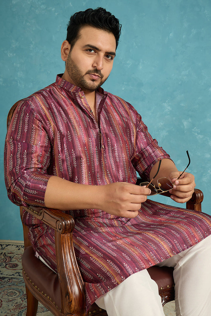 Mens Purple Silk Blend Striped Printed Kurta