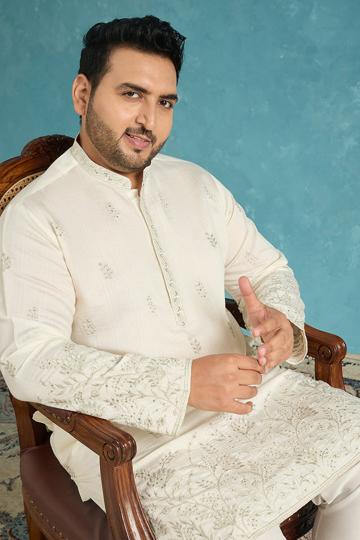 Mens White Silk Blend Floral Thread Work Embroidered Kurta