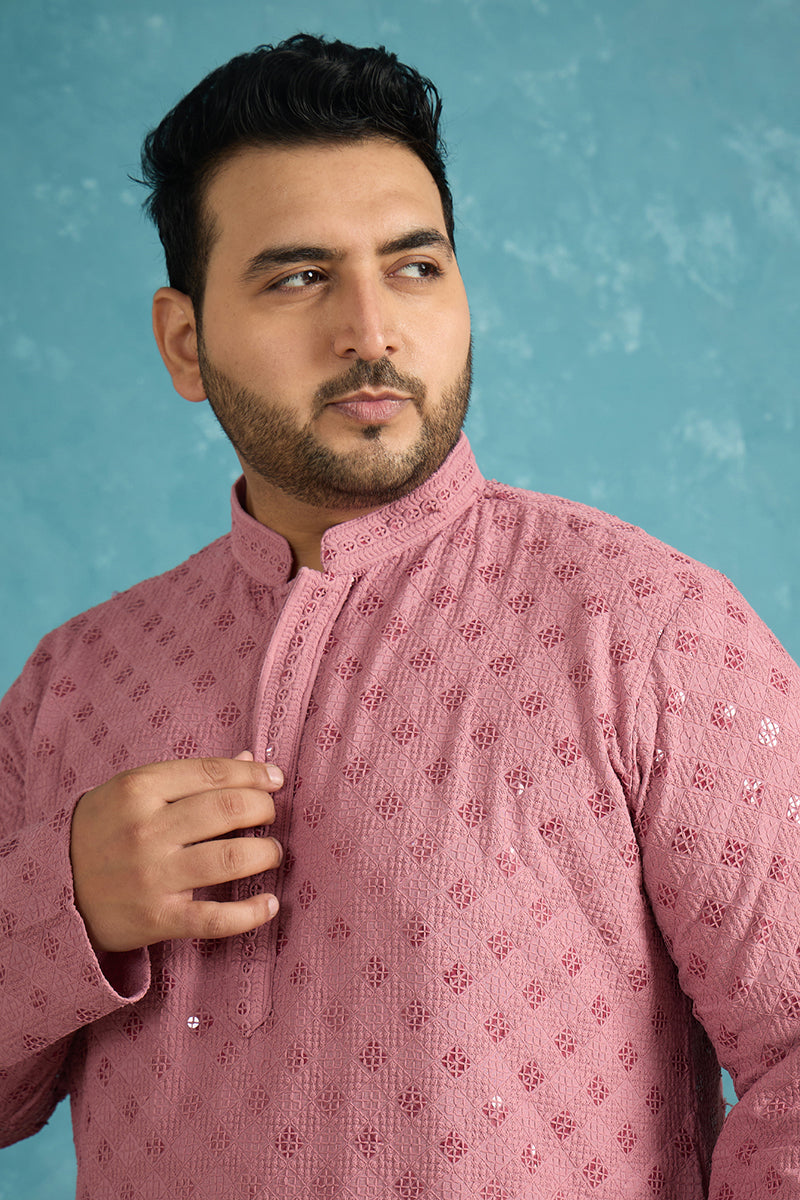 Mens Mauve Viscose Rayon Solid Chikankari Embroidered Kurta