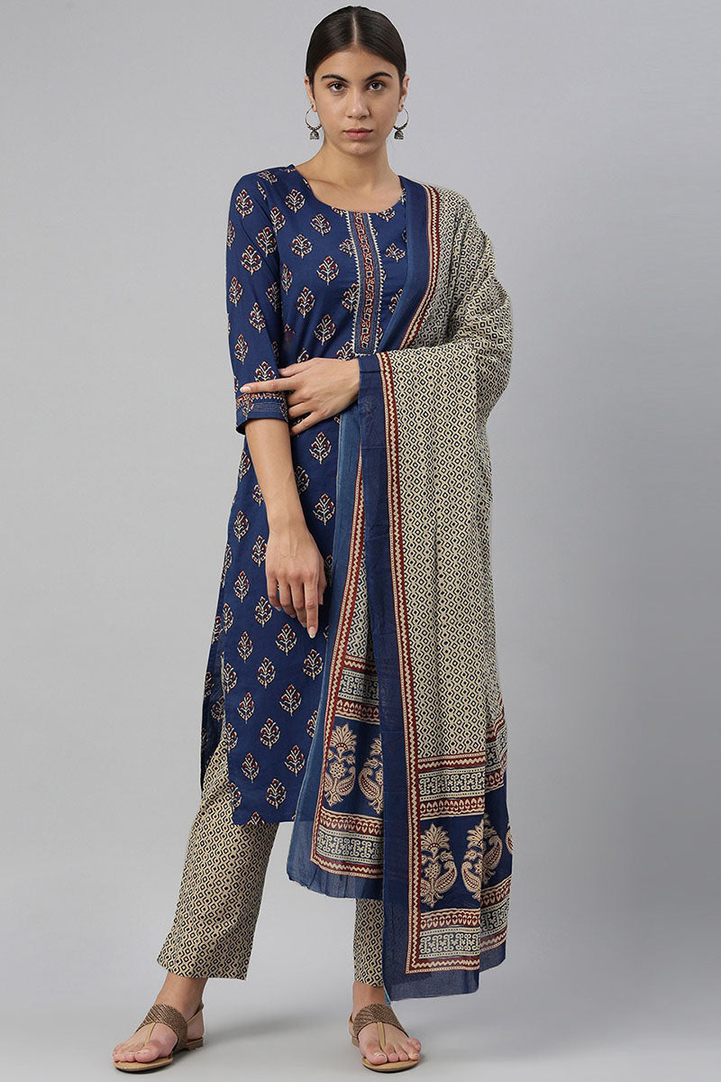 Navy-Blue-Cotton-Fabric-Printed-Fancy-Kurta-And-Palazzo