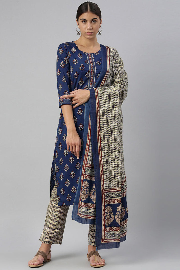 Navy-Blue-Cotton-Fabric-Printed-Fancy-Kurta-And-Palazzo