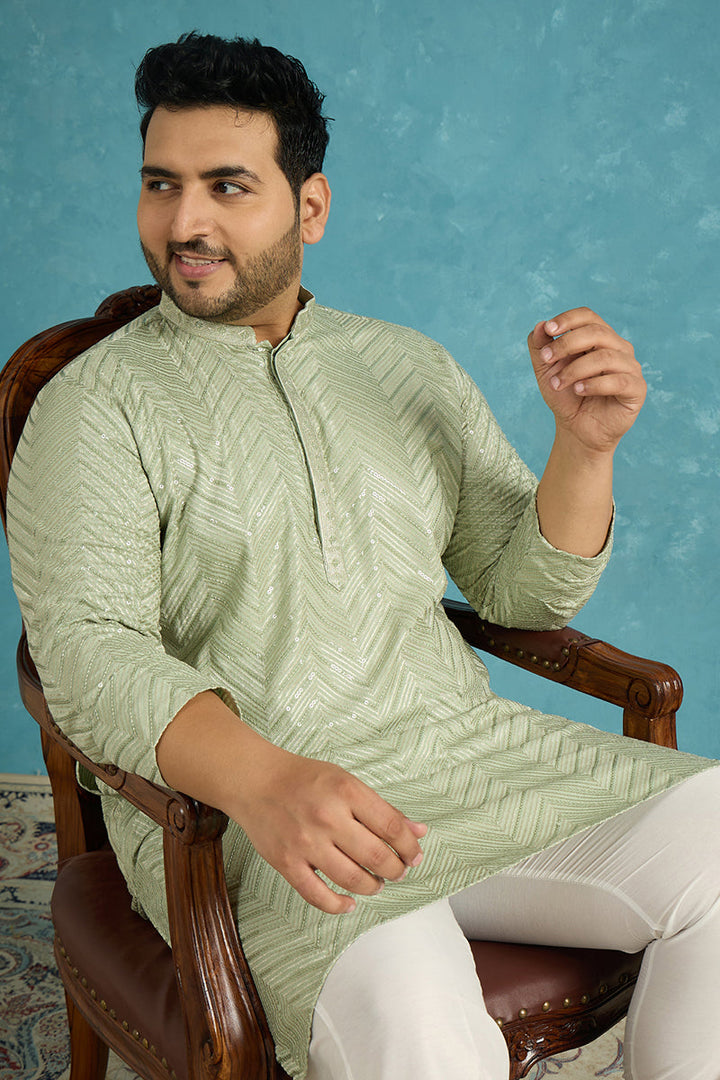 Mens Green Viscose Rayon Solid Chikankari Embroidered Kurta