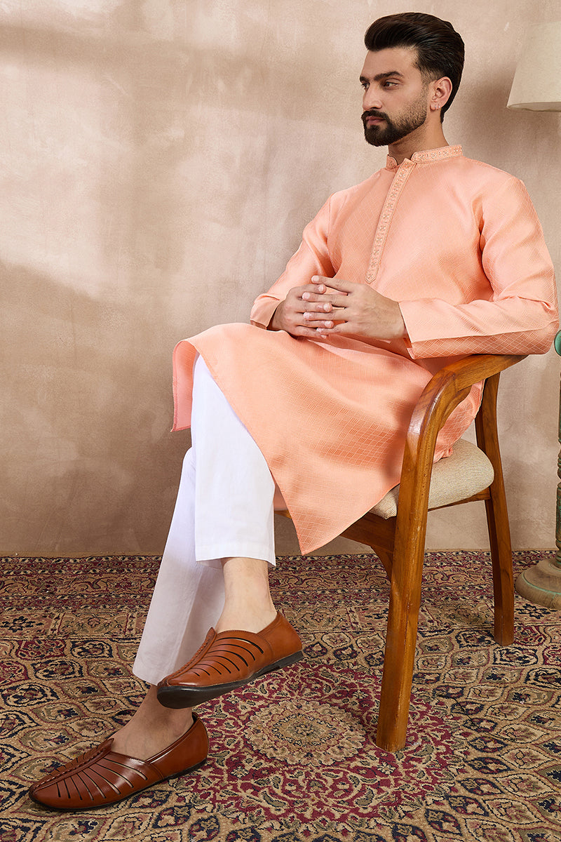 Mens Peach Silk Blend Solid Embroidered Straight Kurta