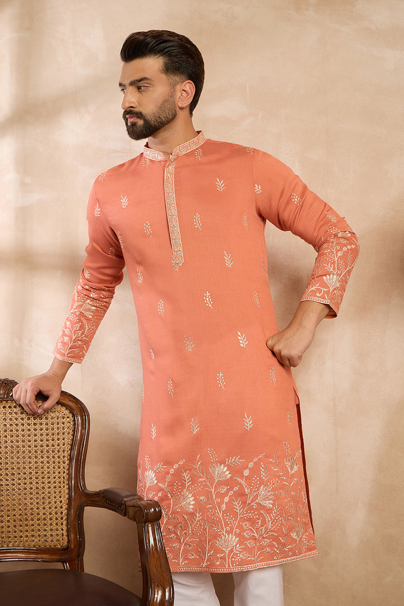 Mens Peach Vartican Solid Embroidered Straight Kurta With Trouser