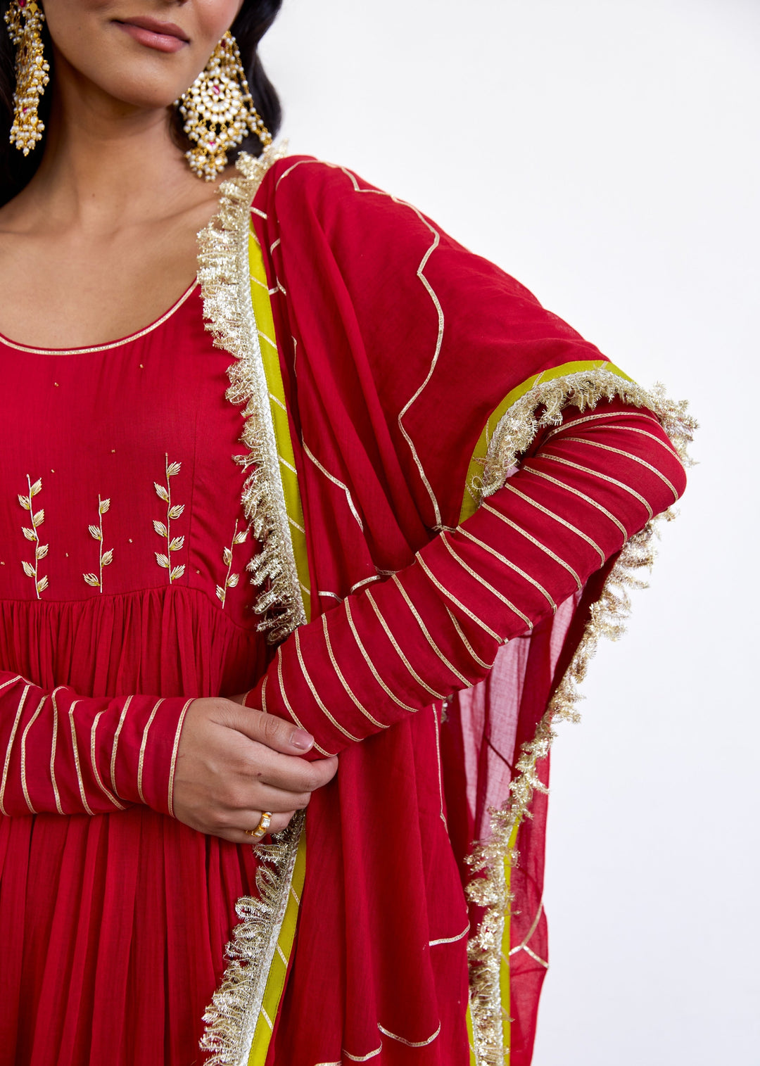 Kumkum-Red-Mulmul-Round-Neck-Anarkali-Set