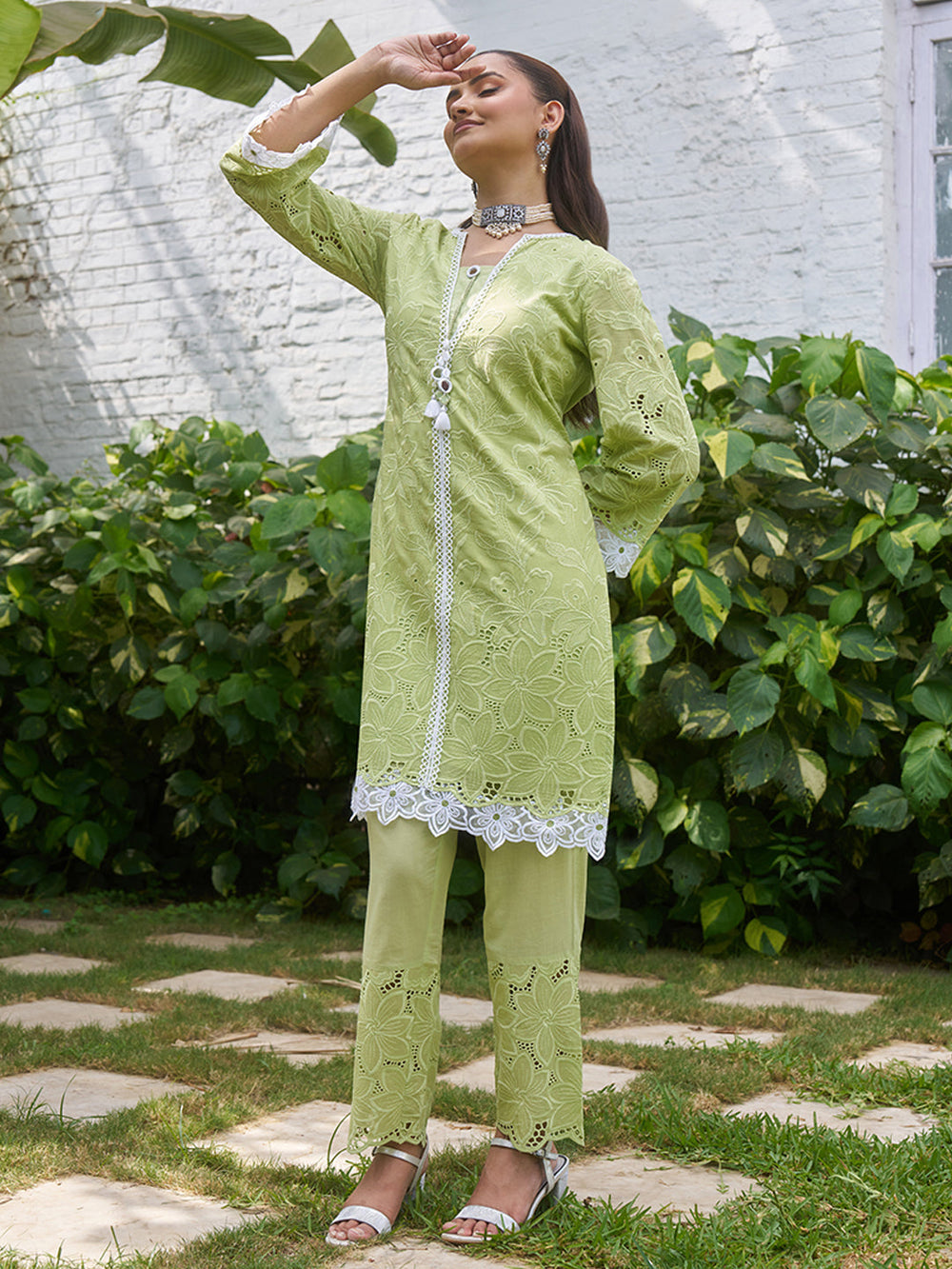 Green-Cotton-Floral-Schiffli-2-Piece-Kurta-Set