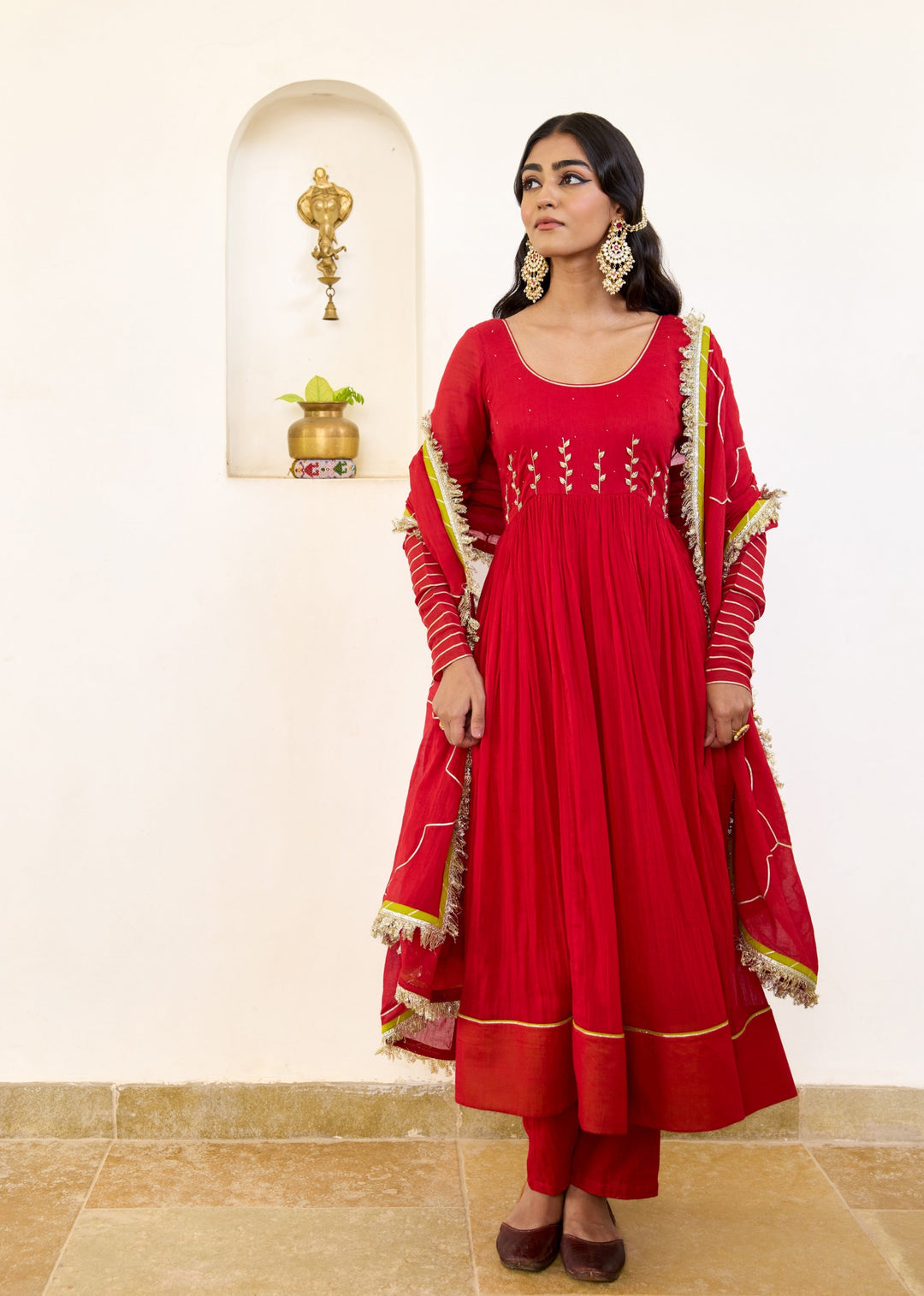 Kumkum-Red-Mulmul-Round-Neck-Anarkali-Set