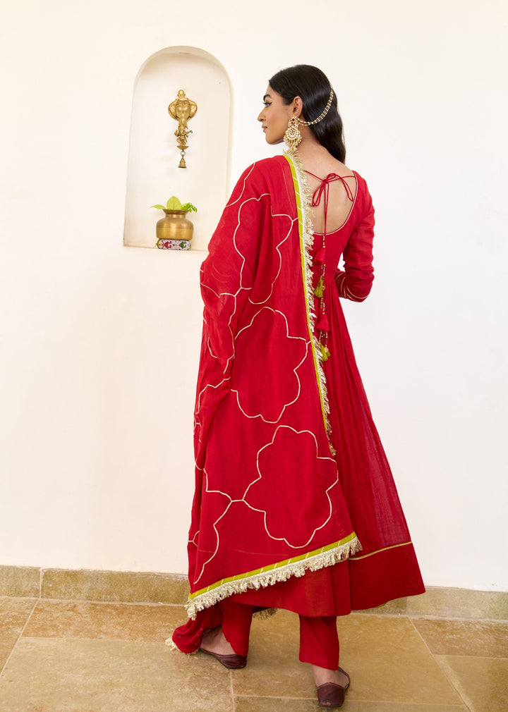 Kumkum-Red-Mulmul-Round-Neck-Anarkali-Set