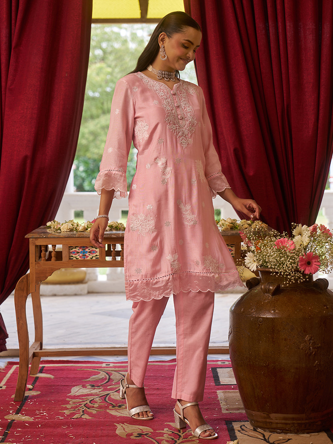 Pink-Viscose-Floral-2-Piece-Kurta-Set