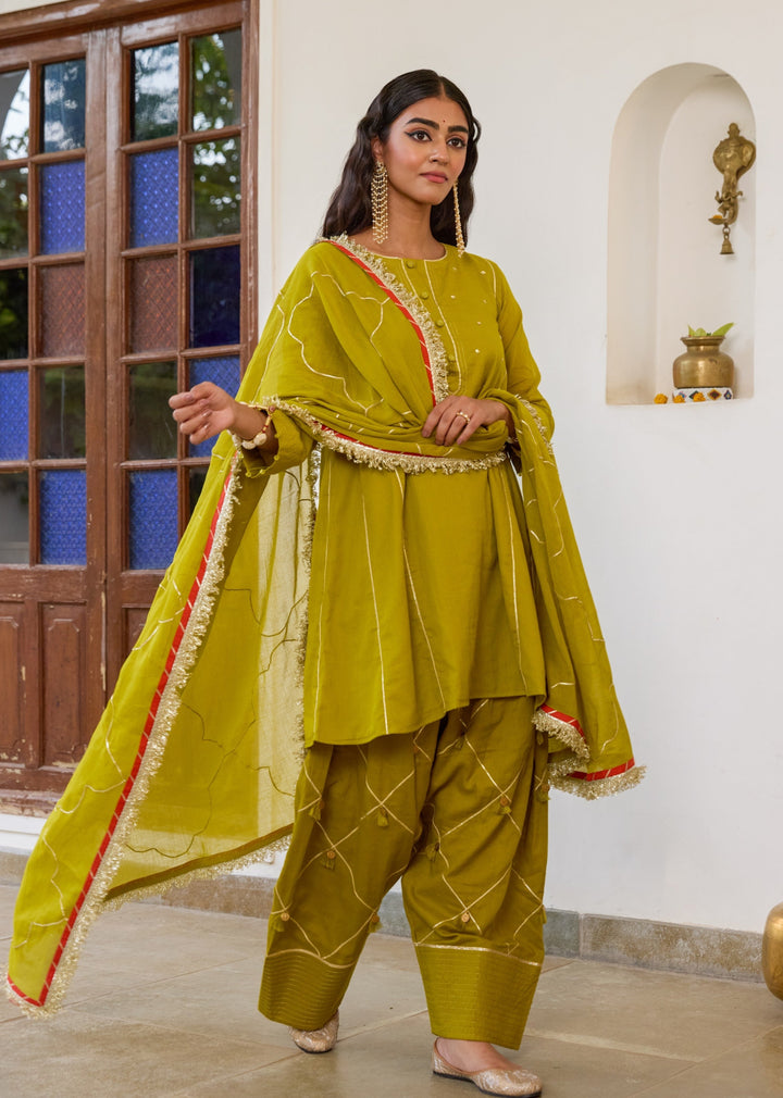 Mehndi-Green-Mulmul--Farshi-Shalwar-Set