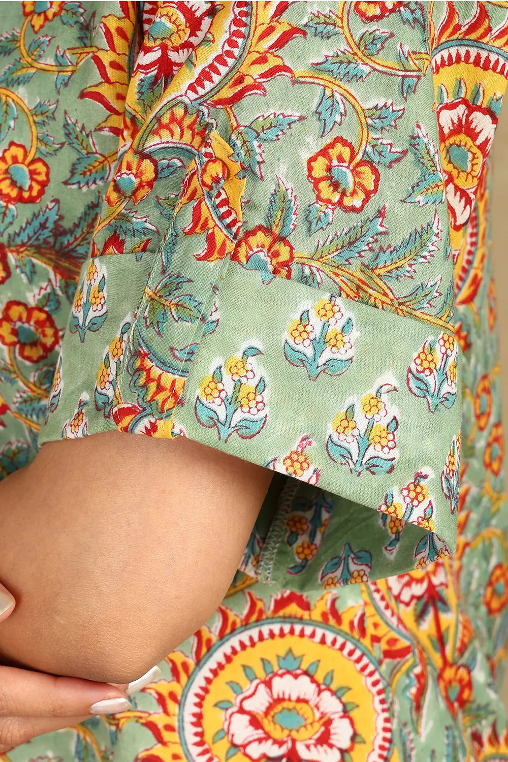 Green-&-Yellow-Cotton-Hand-Block-Printed-Half-Sleeves-Kurta