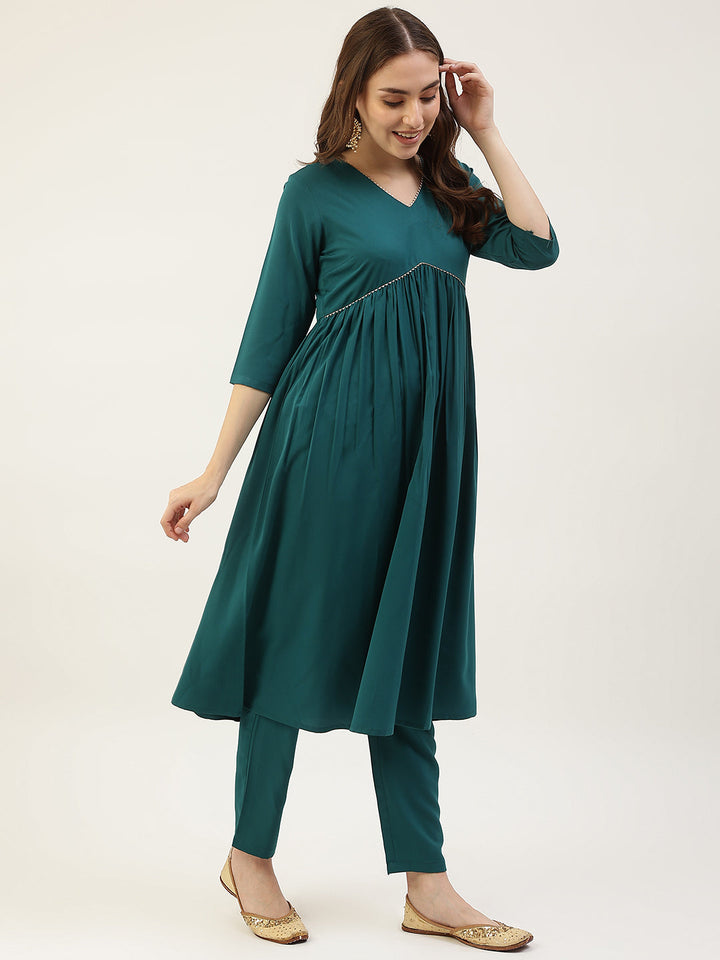 Teal-Green-Crepe-Gathered-Flared-3-Piece-Kurta-Set