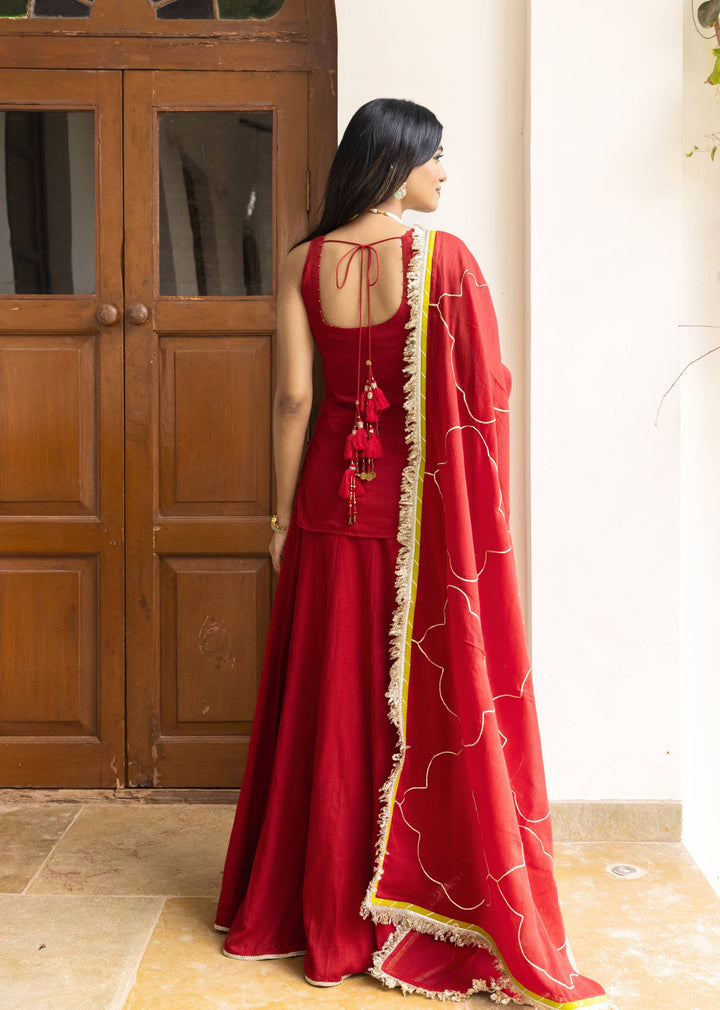 Kumkum-Red-Mulmul-Short-Kurta-With-Skirt