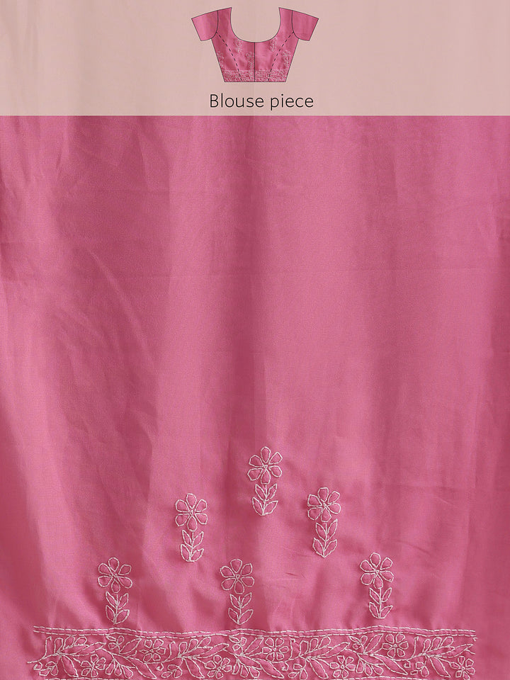 PInk & White Georgette Hand Embroidered Chikankari Saree