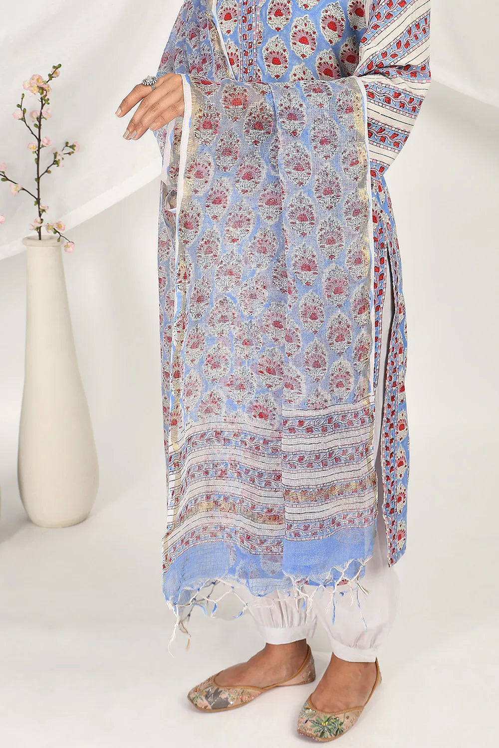 Blue-Kota-Doria-Hand-Block-Daboo-Printed-Dupatta-ONLY