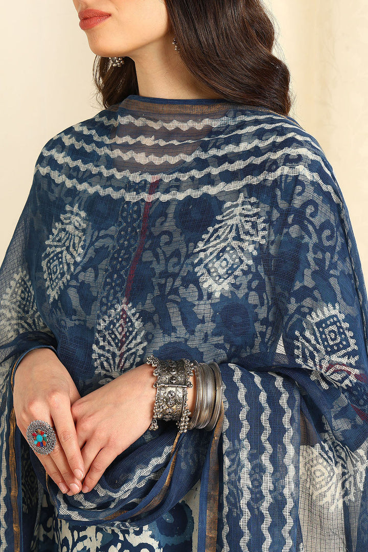 Indigo-Blue-Kota-Doria-Printed-Dupatta