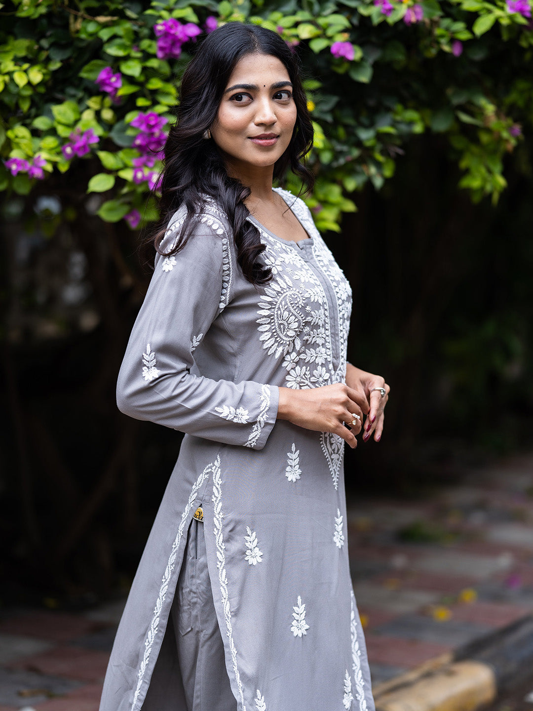 Grey Rayon Chikankari Motif 2-Piece Kurta Set