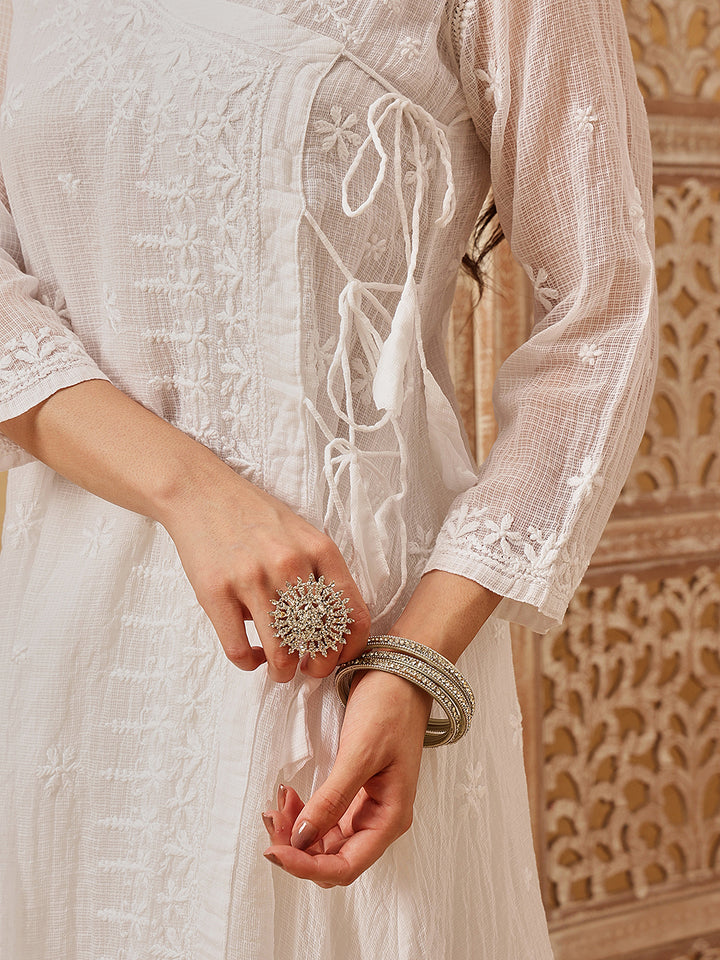 Hand Embroidered Lucknowi Chikankari White Kota Kurta With Slip