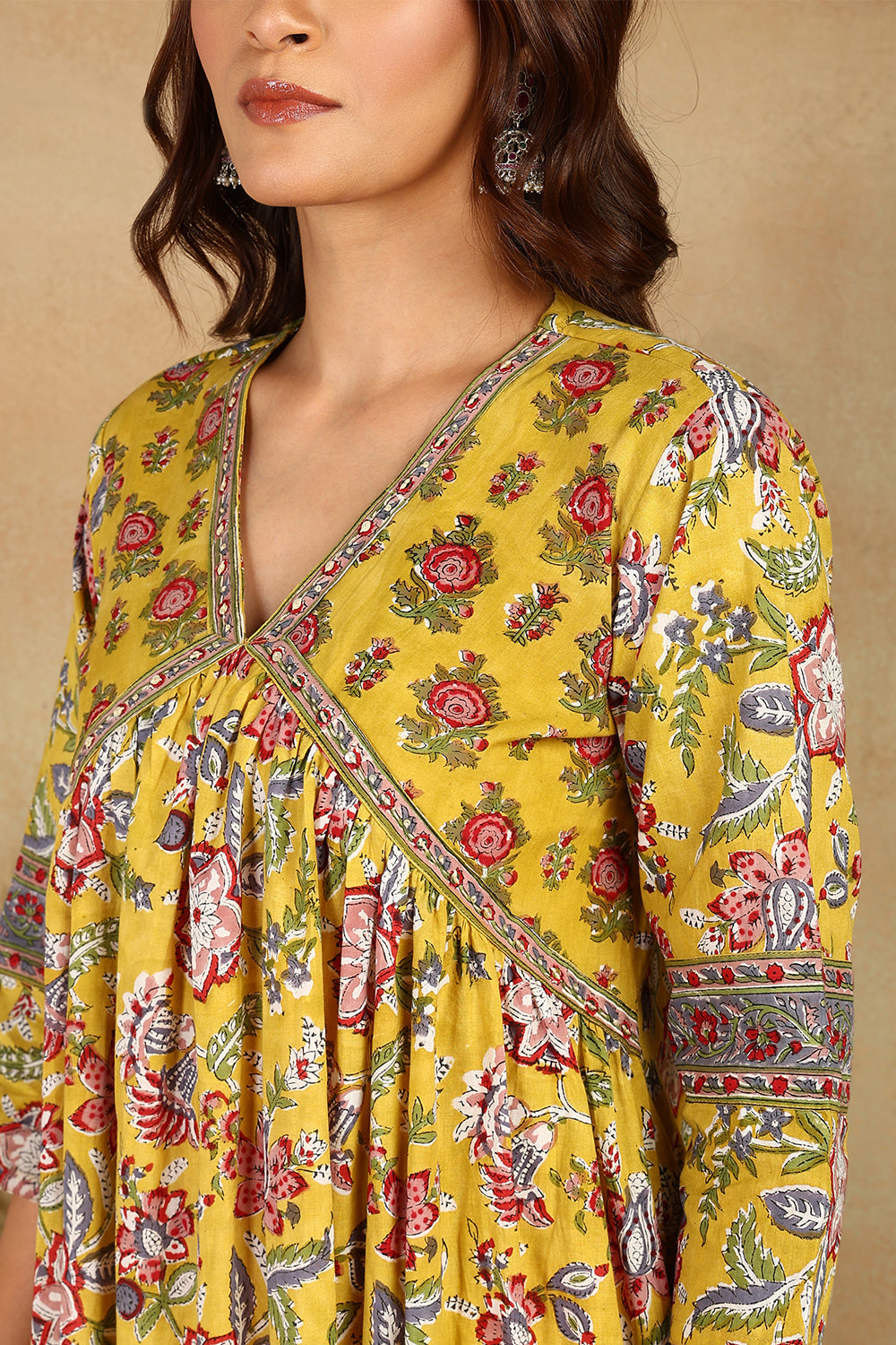 Mustard-&-Maroon-Cotton-Printed-'A'-Line-Kurta