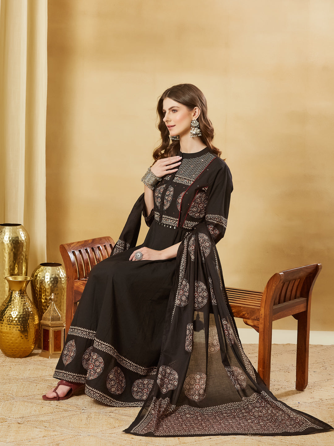 Black Floral Print Cotton Anarkali Kurta Sets With Dupatta