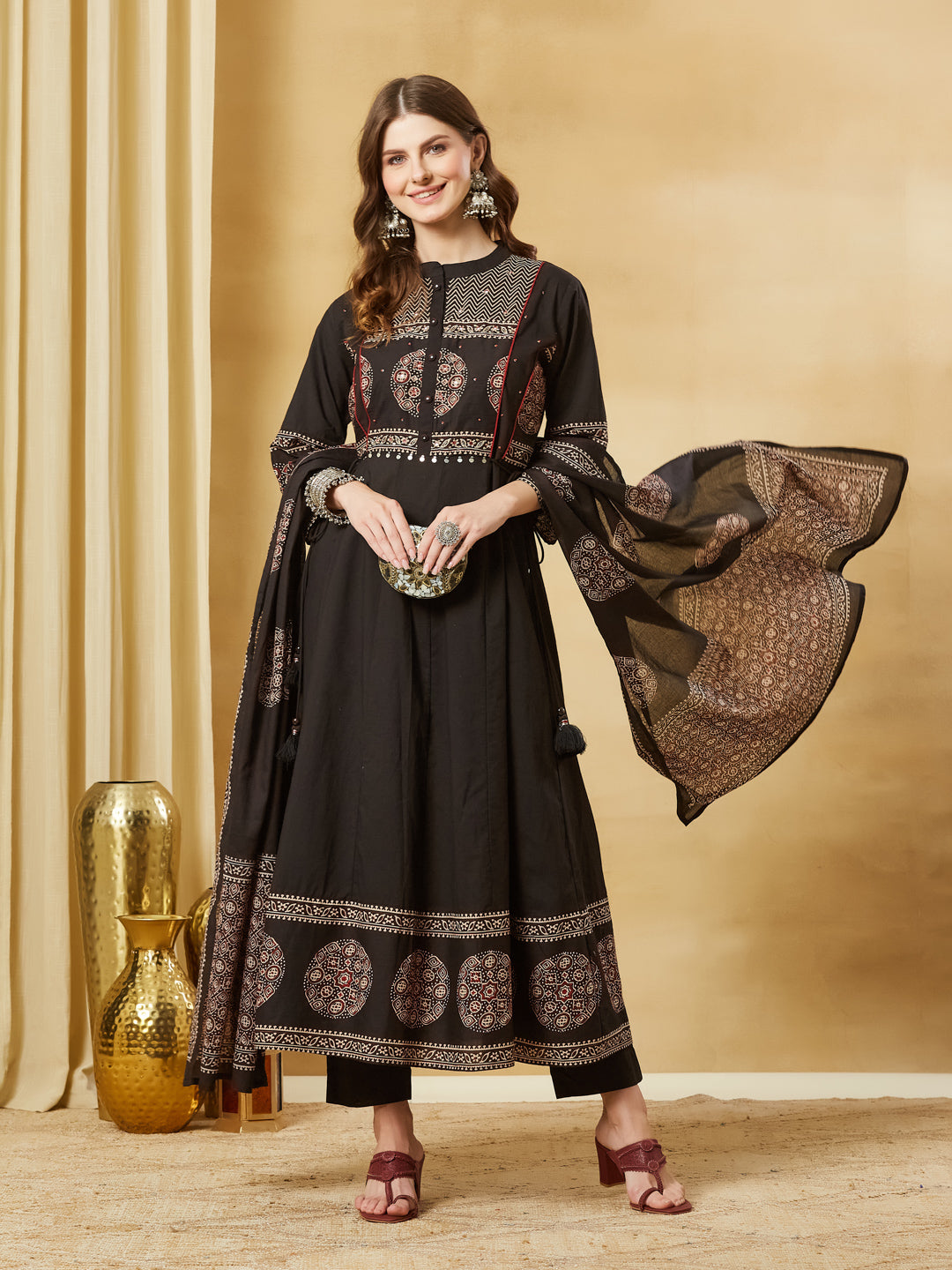 Black Floral Print Cotton Anarkali Kurta Sets With Dupatta