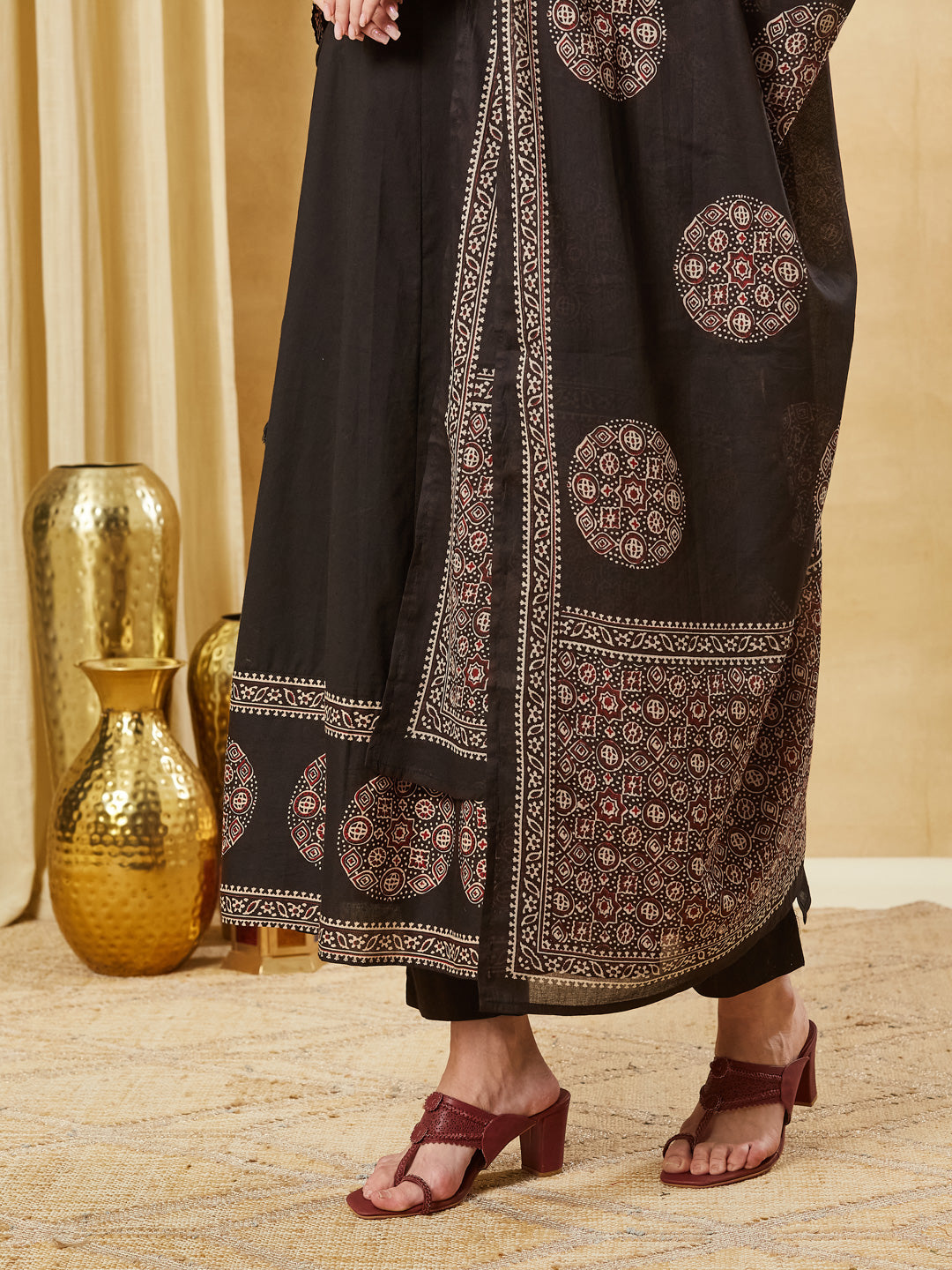 Black Floral Print Cotton Anarkali Kurta Sets With Dupatta
