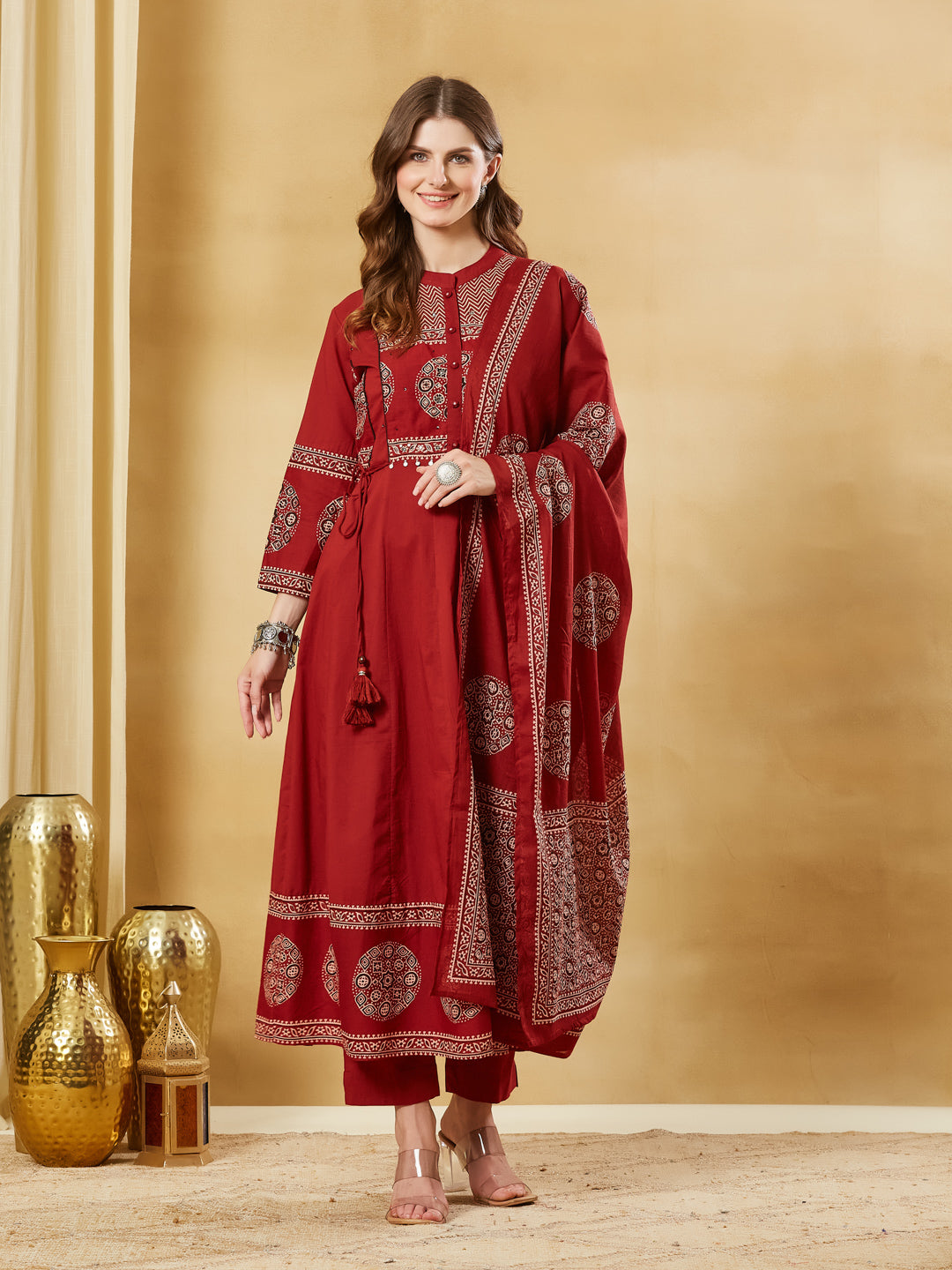 Red Floral Print Cotton Anarkali Kurta Sets With Dupatta