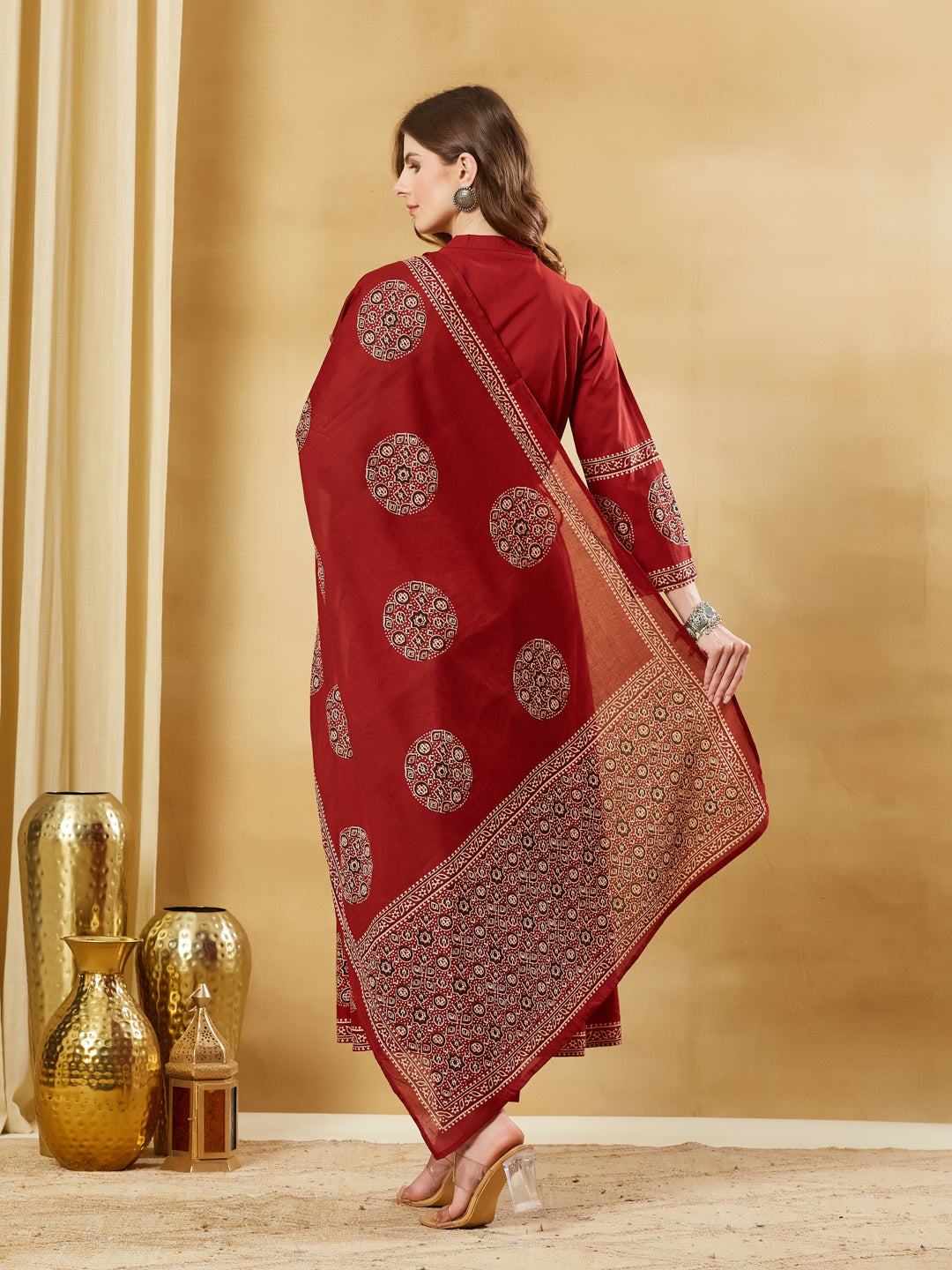 Red Floral Print Cotton Anarkali Kurta Sets With Dupatta