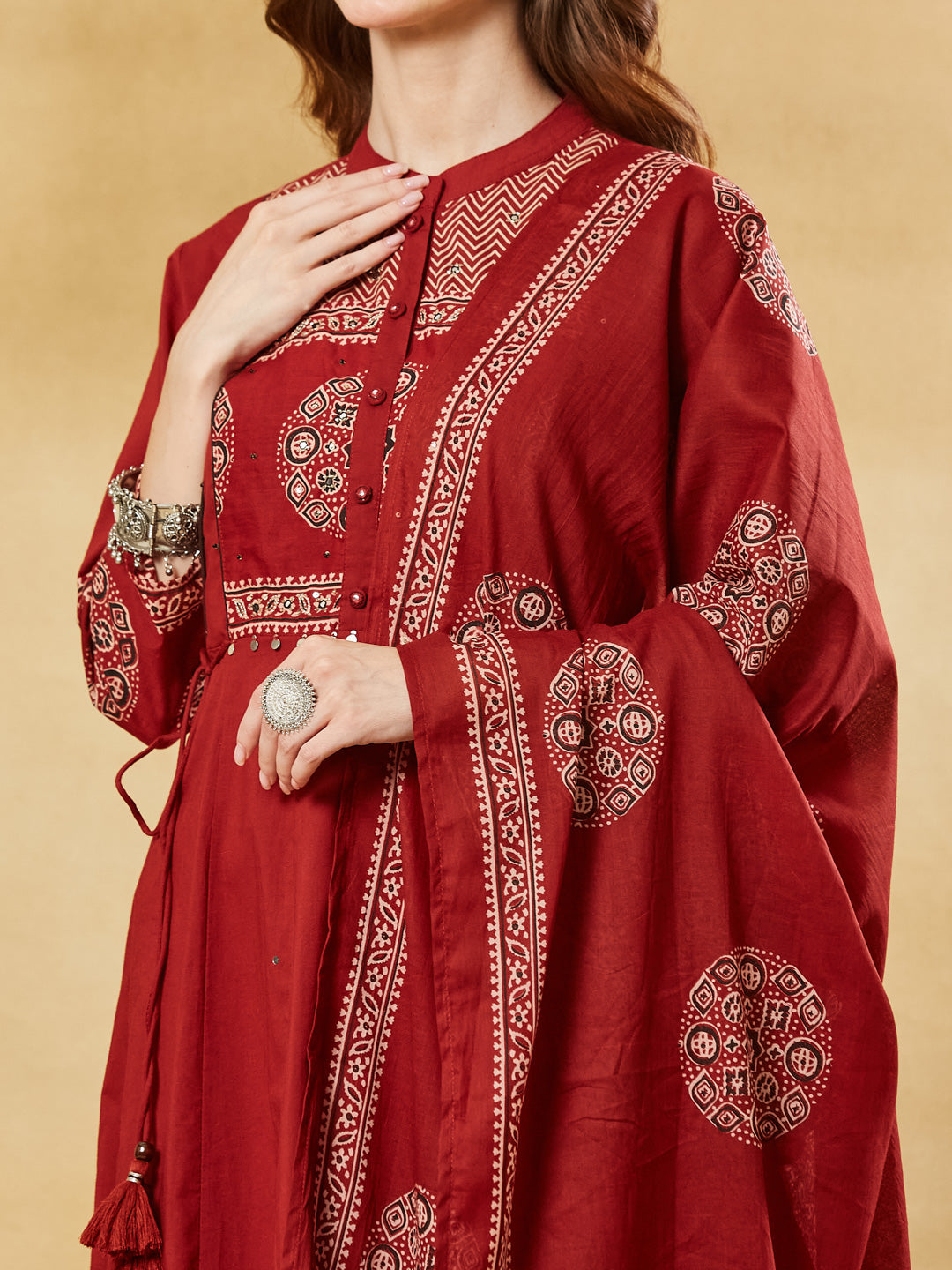 Red Floral Print Cotton Anarkali Kurta Sets With Dupatta
