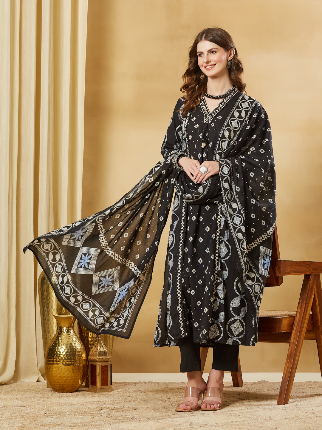Black Floral Print Cotton A-Line Kurta Sets With Dupatta