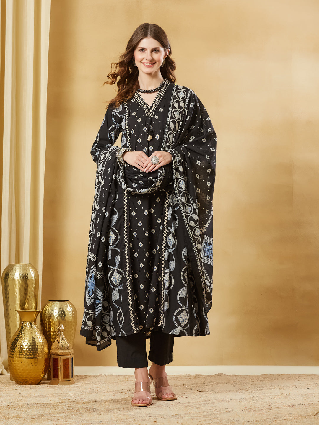 Black Floral Print Cotton A-Line Kurta Sets With Dupatta