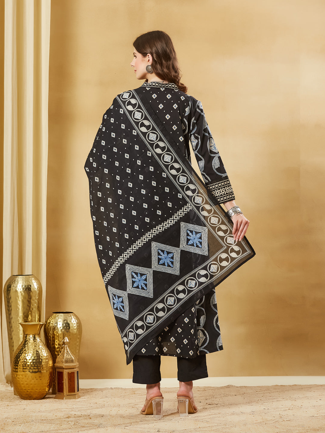 Black Floral Print Cotton A-Line Kurta Sets With Dupatta