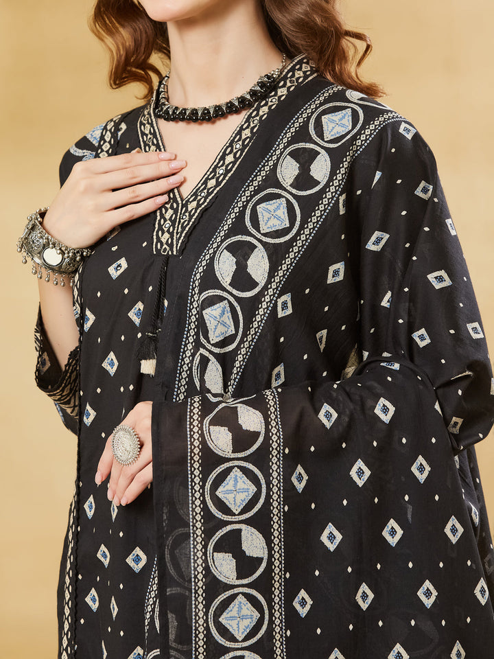 Black Floral Print Cotton A-Line Kurta Sets With Dupatta