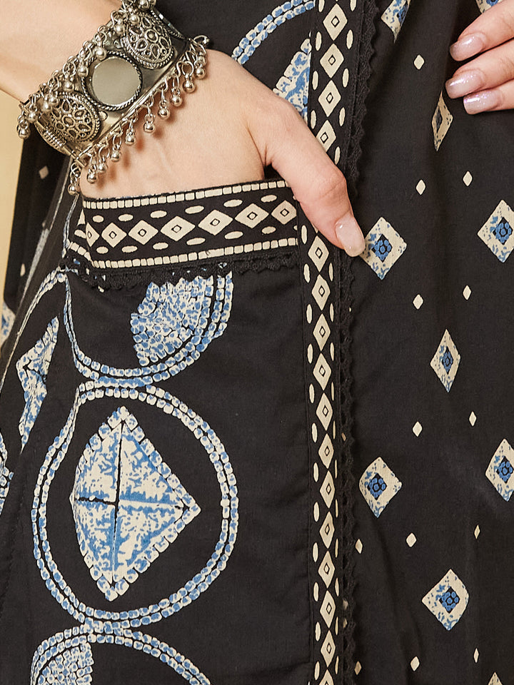 Black Floral Print Cotton A-Line Kurta Sets With Dupatta