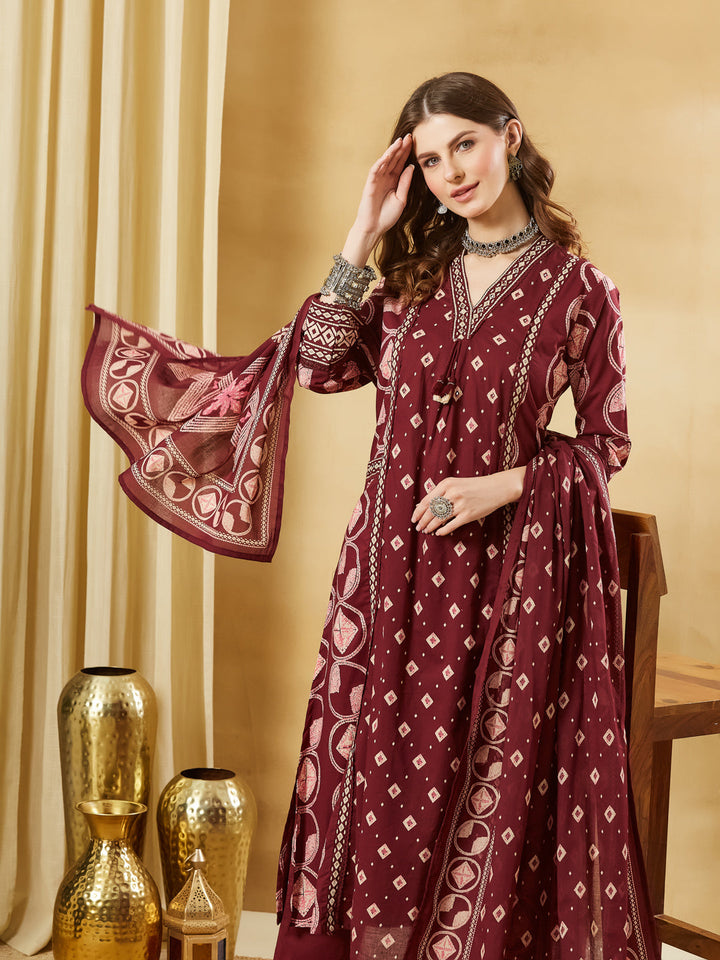 Maroon Floral Print Cotton A-Line Kurta Sets With Dupatta