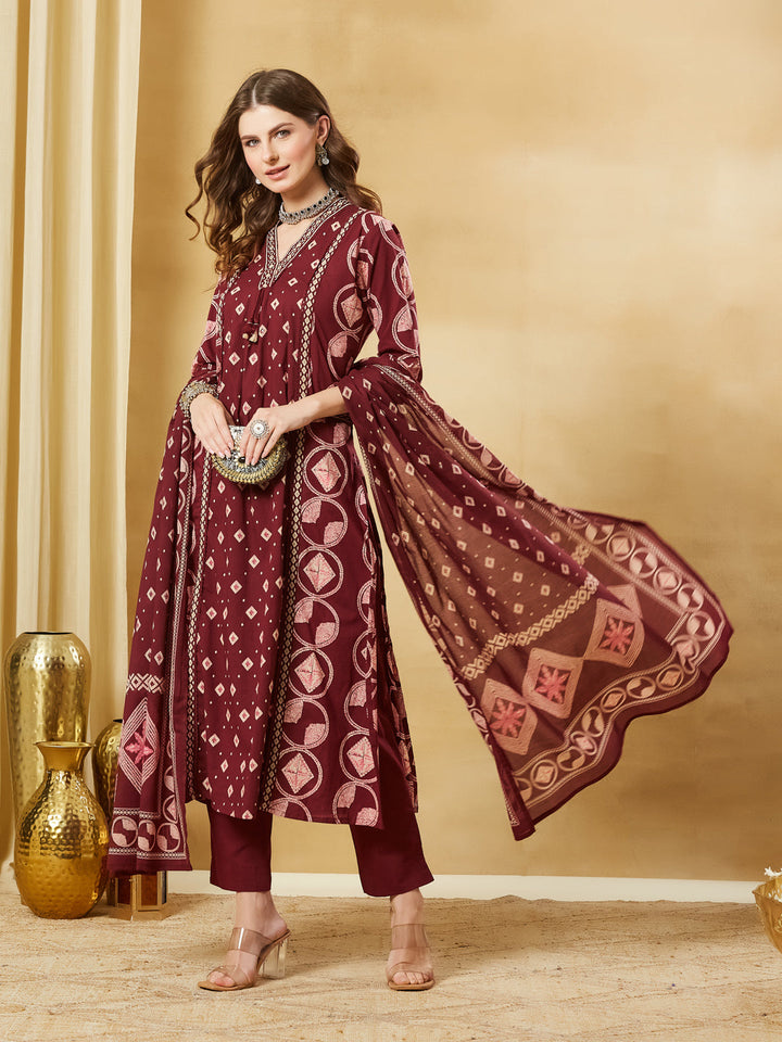 Maroon Floral Print Cotton A-Line Kurta Sets With Dupatta