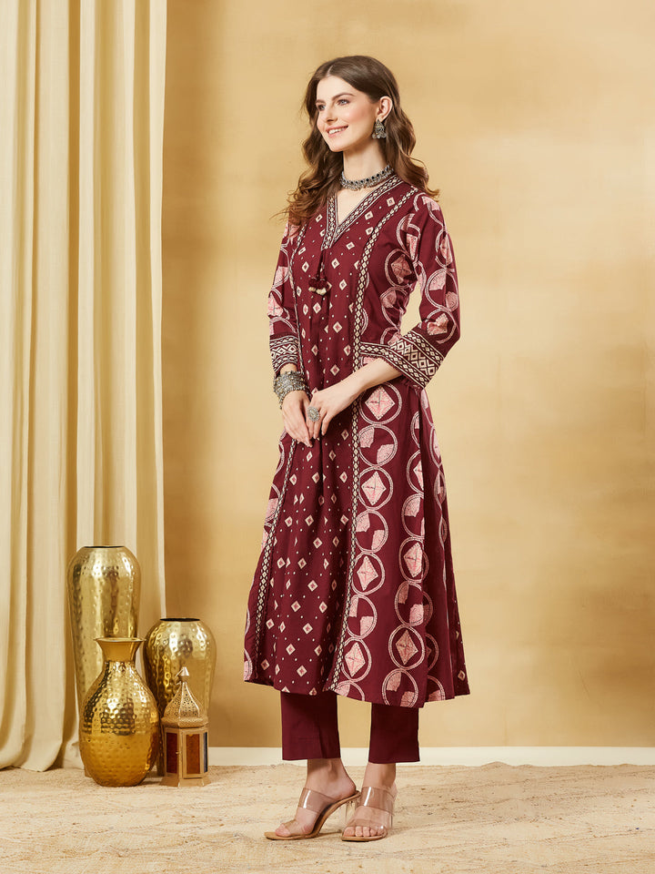 Maroon Floral Print Cotton A-Line Kurta Sets With Dupatta